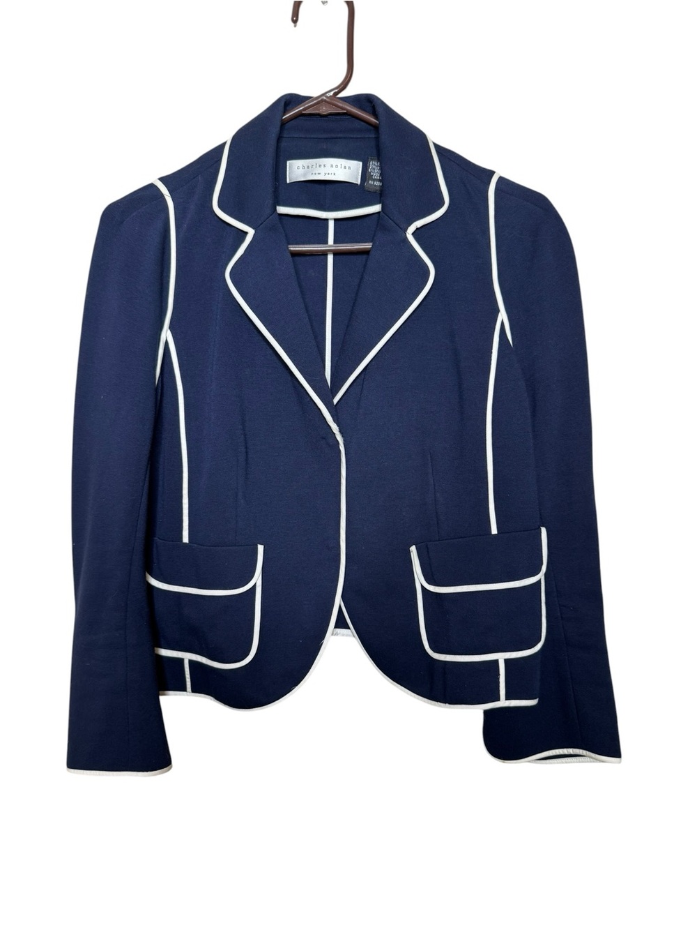 Charla Nolan New York Navy Blue Blazer White Piping Trim Size M like New
